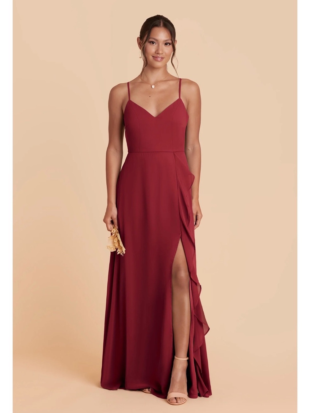 Birdy Grey Burgundy Strap Spaghetti Ruffle Side-Slit Gown